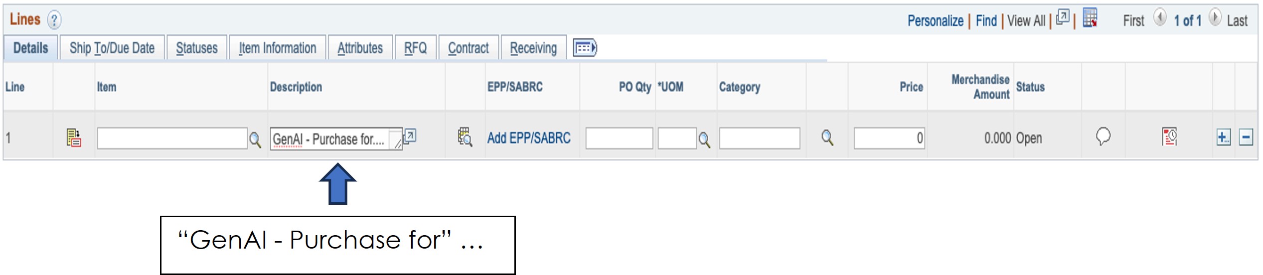 Place "GenAI - Purchase for" in Item Description